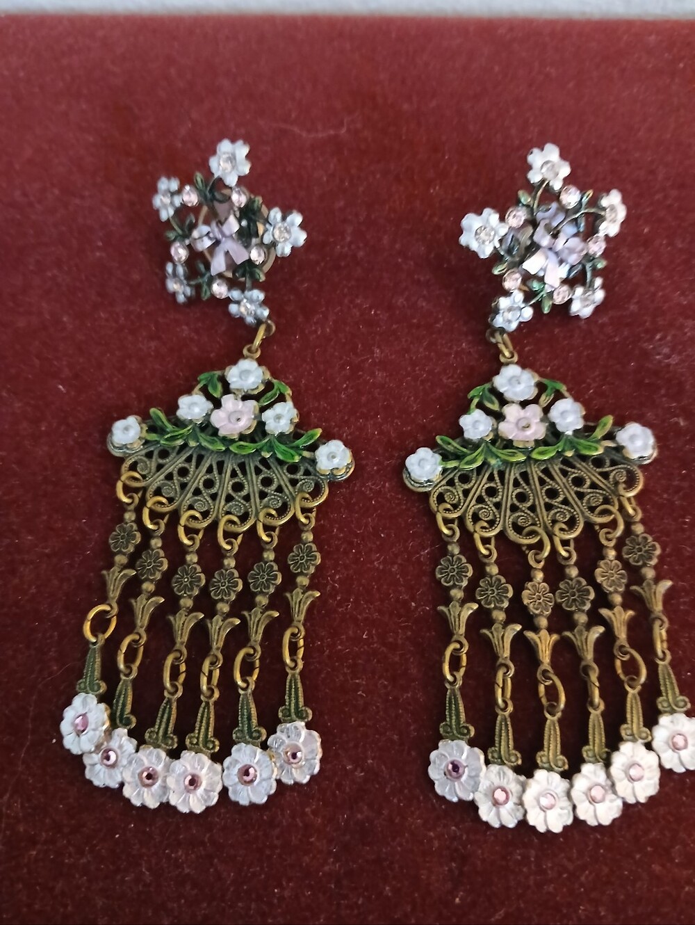 Vintage Enamel Filigree Metal & Rhinestones Earrings